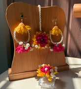 Peony Yellow & Deep Pink Earrings & Bindi