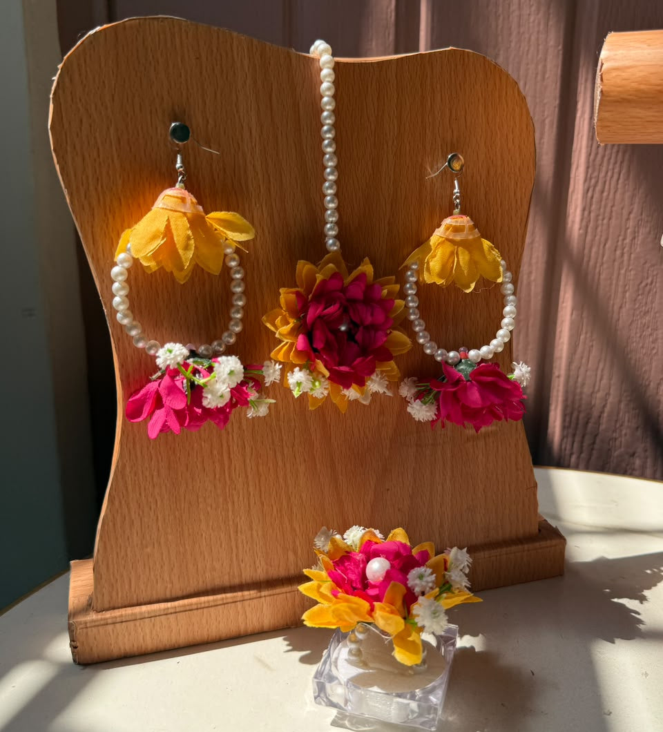 Peony Yellow & Deep Pink Earrings & Bindi